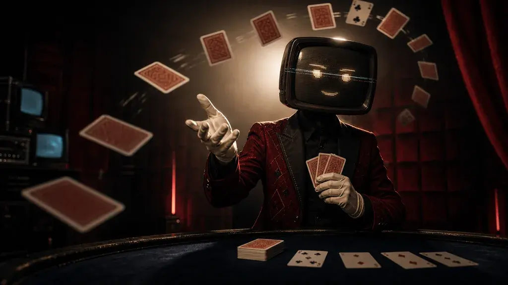 Gotcha Liar — a smiling TV-headed host dealing cards