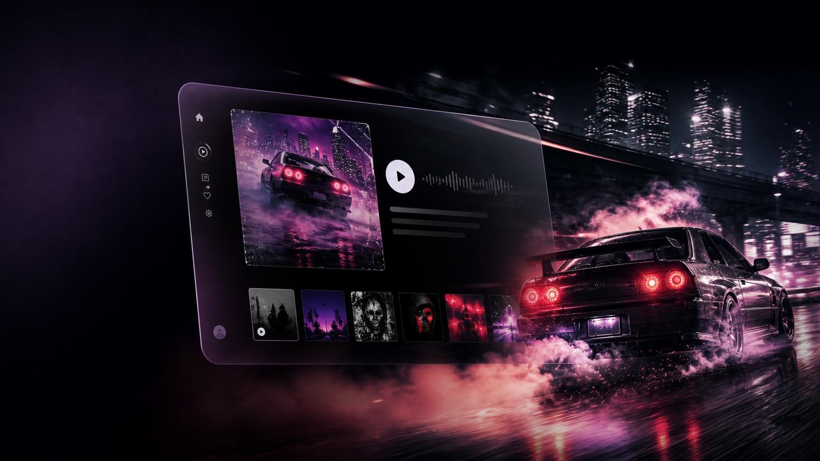 A music studio deck lit with purple and red stage lights.