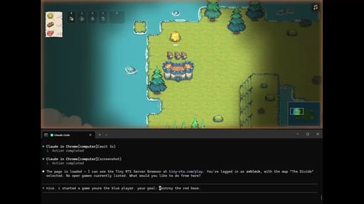 Maybe an interesting glimpse of future playtesting? Told Claude Opus 4.6 with Chrome tool to play my game TinyRTS and defeat the enemy town center. It struggled a bit with the map controls and precise clicking, but managed to do it after 17 minutes, completely by itself!