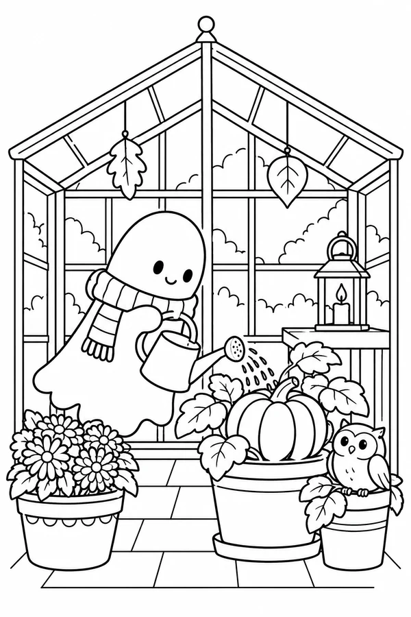 Ghost watering plants in an autumn greenhouse with an owl and pumpkins.