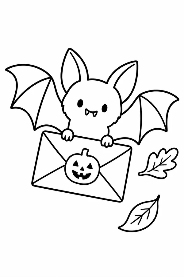Bat with two open wings carrying an envelope marked with a pumpkin.