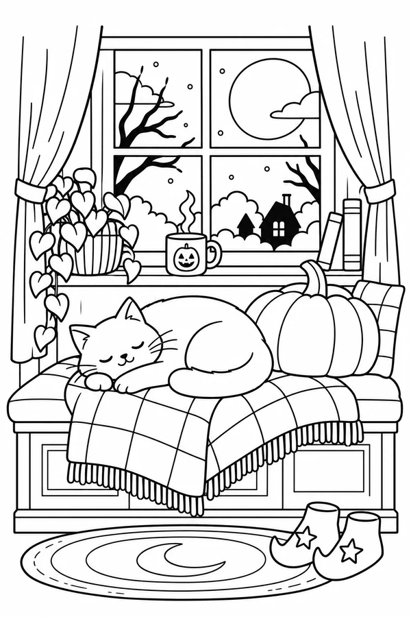 Cat on a quilt beside a window, with a teacup and slippers.