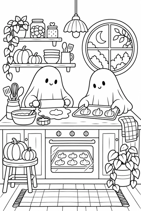 Two ghosts making Halloween cookies in a cozy kitchen.