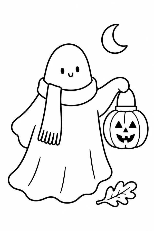 Friendly ghost holding a pumpkin lantern, with a leaf and crescent moon.
