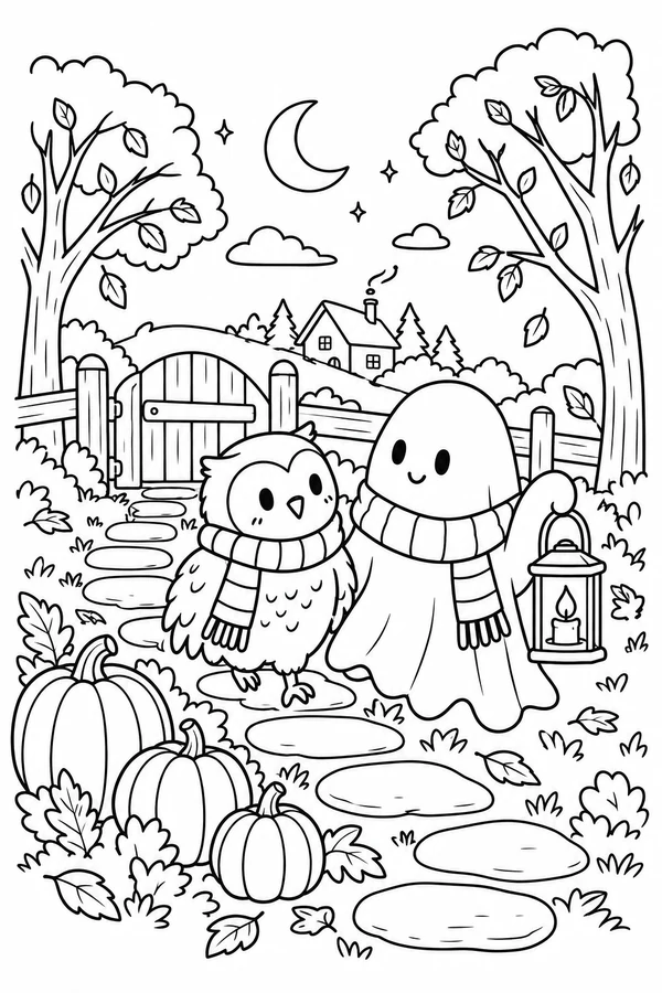 Ghost and owl taking a lantern walk along a pumpkin-lined garden path.