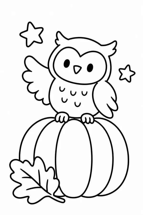 Round owl perched on a large pumpkin in a simple black outline drawing.