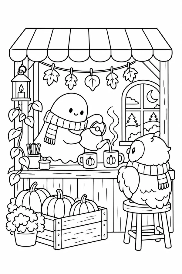 Ghost serving an owl at a pumpkin drink stand beneath a striped awning.