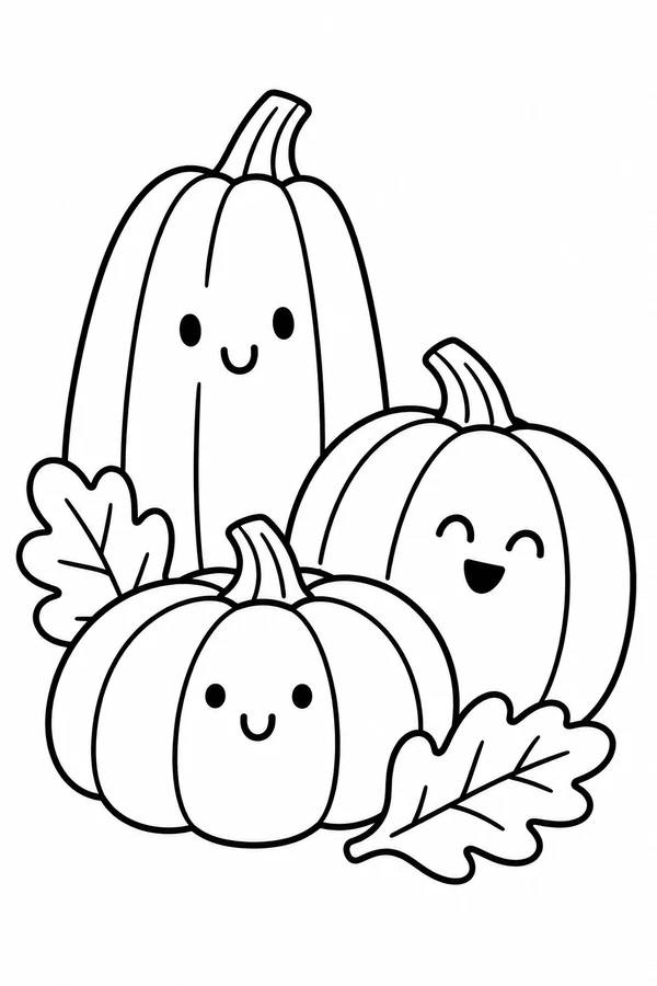 Three tall, round and squat smiling pumpkins with leaves.