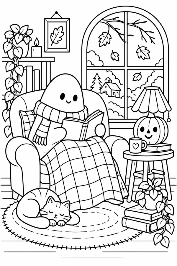 Ghost reading in an armchair with a sleeping cat on the rug.