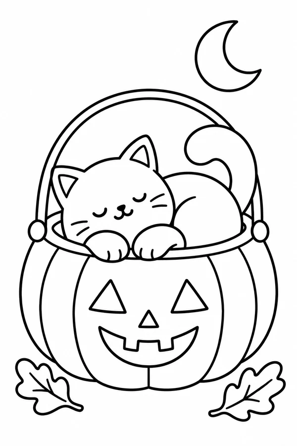 Sleeping cat curled inside a pumpkin-shaped basket.