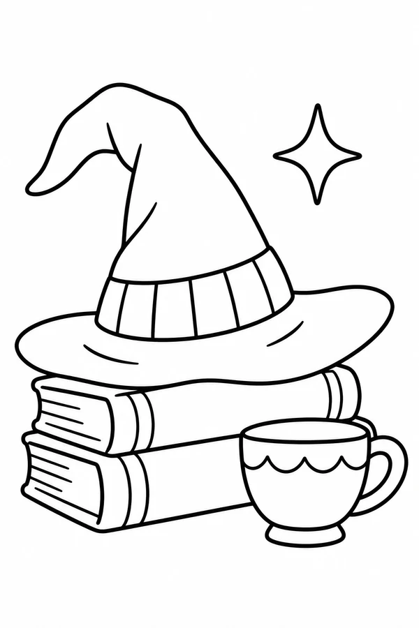 Large striped witch hat resting on two books beside a teacup.