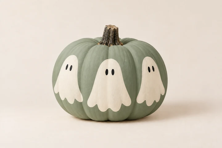 Sage-green pumpkin with three simple cream ghosts and black eyes.