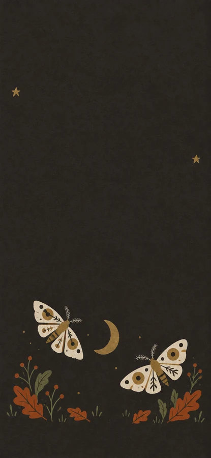 Two cream and gold moths around a crescent moon above rust-colored autumn leaves.